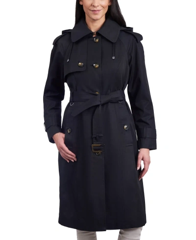 London Fog Women's Belted Hooded Water-resistant Trench Coat In Black