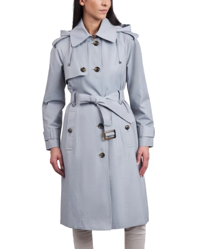 London Fog Women's Belted Hooded Water-resistant Trench Coat In Cloudy