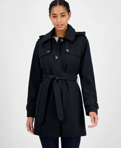 London Fog Women's Hooded Belted Zip-front Raincoat In Black