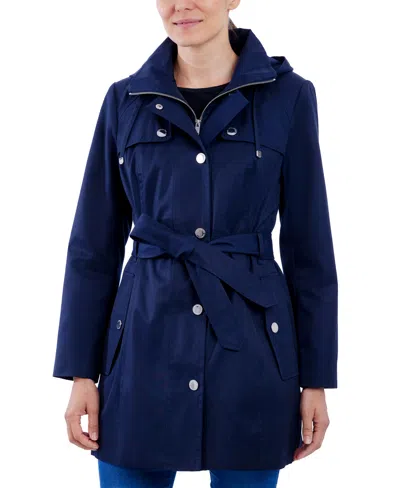 London Fog Women's Hooded Belted Zip-front Raincoat In Midnight Navy