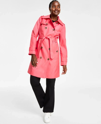 London Fog Women's Hooded Double-breasted Trench Coat In Coral