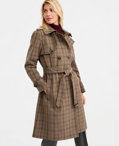 London Fog Women's Plaid-collar Belted Trench Coat