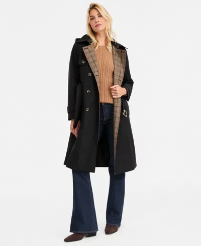 London Fog Women's Plaid-collar Belted Trench Coat In Black