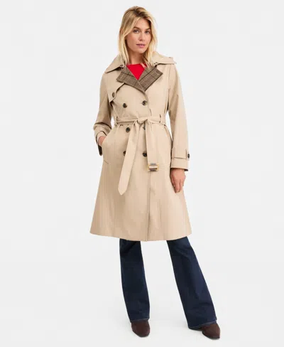 London Fog Women's Plaid-collar Belted Trench Coat In Khaki