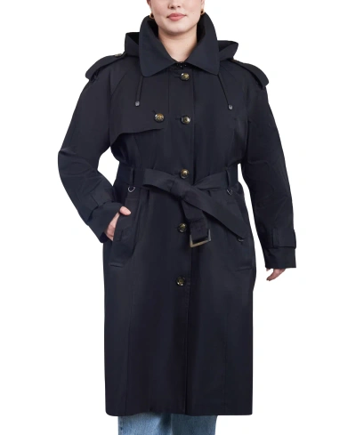 London Fog Women's Plus Size Belted Hooded Water-resistant Trench Coat In Black