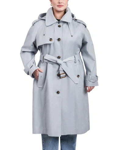 London Fog Women's Plus Size Belted Hooded Water-resistant Trench Coat In Cloudy