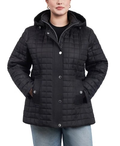 London Fog Women's Plus Size Hooded Quilted Water-resistant Coat In Black