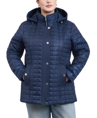 London Fog Women's Plus Size Hooded Quilted Water-resistant Coat In Midnight Navy