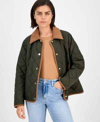 London Fog Women's Reversible Quilted Corduroy-trim Coat In Green