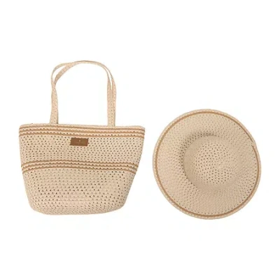 London Fog Woven Straw With Hat Set Tote Bag In White