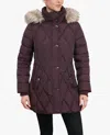 London Fog Zip-front Diamond Quilted Jacket With Zip-off Fur Trim Hood In Burgundy In Burgundy