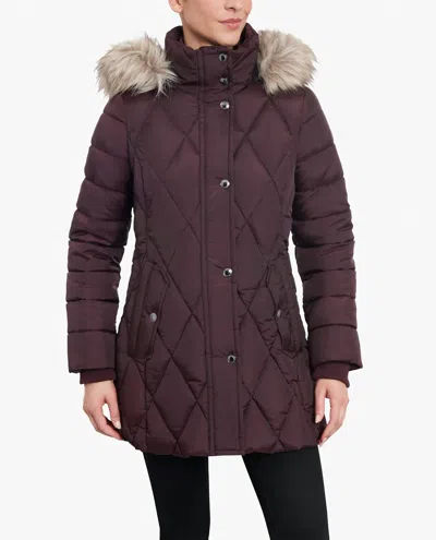 London Fog Zip-front Diamond Quilted Jacket With Zip-off Fur Trim Hood In Burgundy