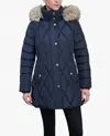 London Fog Zip-front Diamond Quilted Jacket With Zip-off Fur Trim Hood In Navy In Blue