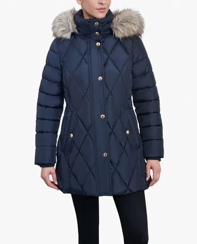 London Fog Zip-front Diamond Quilted Jacket With Zip-off Fur Trim Hood In Navy In Blue