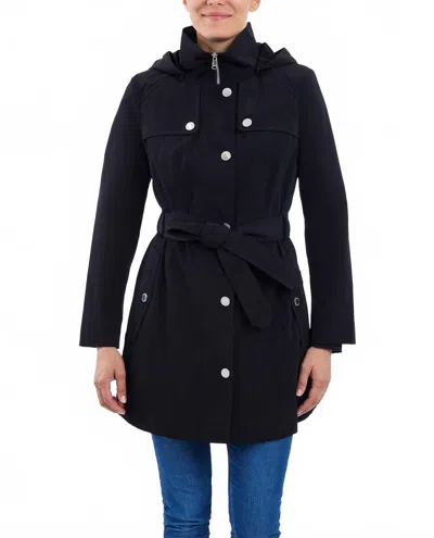 London Fog Zip Front High-neck Hooded Trench Coat In Black In Blue