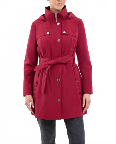 London Fog Zip Front High-neck Hooded Trench Coat In Cranberry In Brown