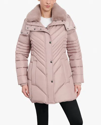 LONDON FOG ZIP-FRONT HOODED PUFFER JACKET WITH BUTTON-OFF FUR COLLAR IN ROSEWOOD