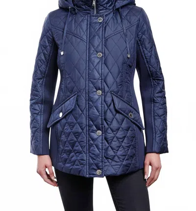 London Fog Zip Front Hooded Quilted Jacket In Navy In Blue