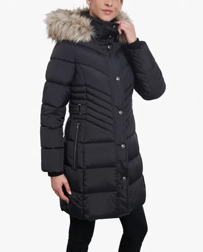 London Fog Zip-front Long Length Puffer Jacket With Zip-off Fur Trim Hood In Black In Blue
