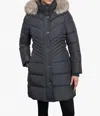 London Fog Plus Size Zip-front Long Length Puffer Jacket With Zip-off Fur Trim Hood In Grey In Gray