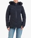 London Fog Zip-front Puffer Jacket With Removable Faux Fur Trimmed Hood In Black In Blue
