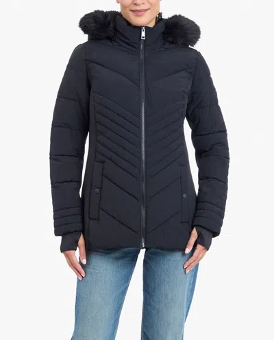 London Fog Zip-front Puffer Jacket With Removable Faux Fur Trimmed Hood In Black In Blue