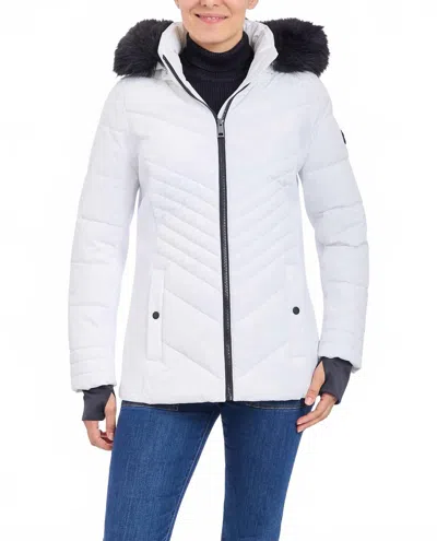 London Fog Zip-front Puffer Jacket With Removable Faux Fur Trimmed Hood In White
