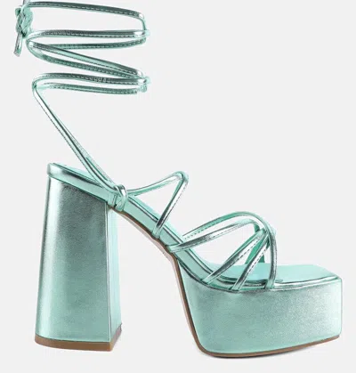 London Rag Croma Metallic Block Heeled Lace Up Sandals In Green