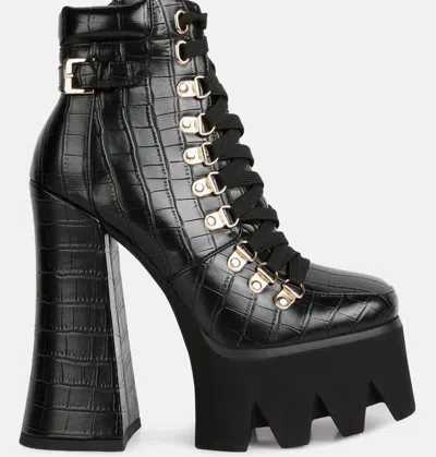 London Rag Boogie High Platform Block Heel Lace Up Biker Boots In Black