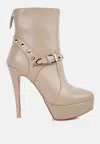 London Rag Dejang Metal Stud Embellished Faux Leather Ankle Boot In Beige