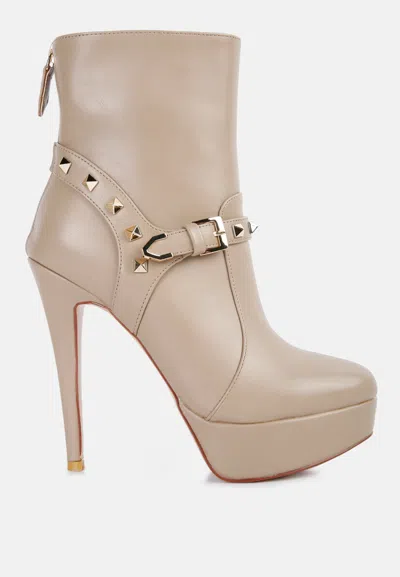 London Rag Dejang Metal Stud Embellished Faux Leather Ankle Boot In Beige