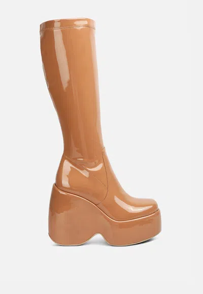 London Rag Dirty Dance Patent High Platfrom Calf Boots In Brown