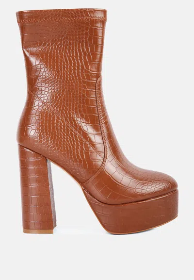 London Rag Feral High Heeled Croc Pattern Ankle Boot In Brown
