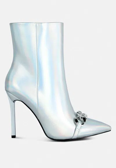 London Rag Firefly Metallic Chain Embellished Stiletto Ankle Boots In White