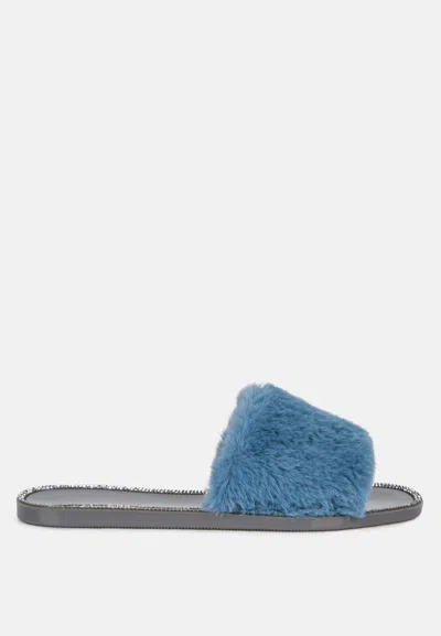 London Rag Geese Faux Fur Diamante Detail Jelly Flats In Blue