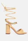 London Rag Gone Gurl Chain Detail Tie Up Block Heels Sandal In Beige