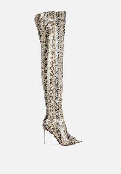 London Rag High Drama Snake Print Stiletto Long Boots In Grey