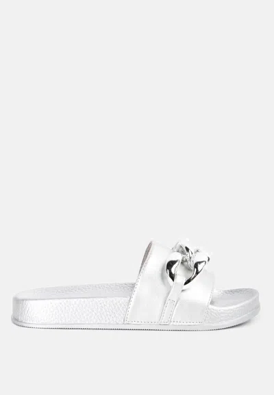 London Rag Ishtar Metallic Chain Metal Slid Flats In White