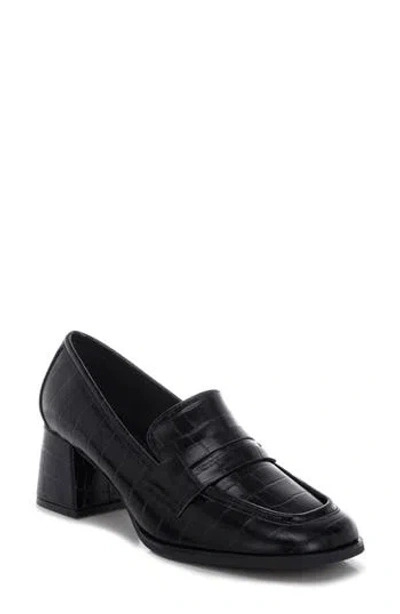 London Rag Pitaka Penny Strap Croc Embossed Flared Block Heel Loafer In Black