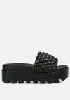 London Rag Platform Slides With Woven Textured Straps In Black