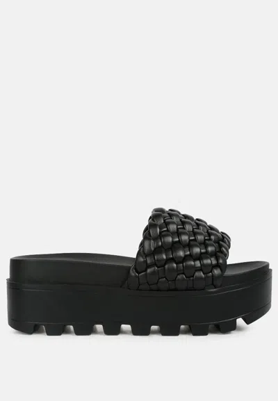 London Rag Platform Slides With Woven Textured Straps In Black