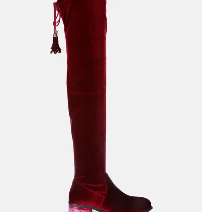 London Rag Rumple Velvet Over The Knee Clear Heel Boots In Burgundy