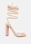 London Rag Scansta Lace Up Rhinestone Embellished High Heel Sandals In Beige