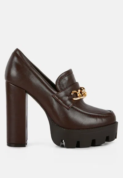 London Rag Y2k Chunky High Block Heeled Loafers In Brown