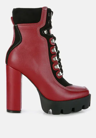 London Rag Yeti High Heel Lace Up Biker Boots In Red