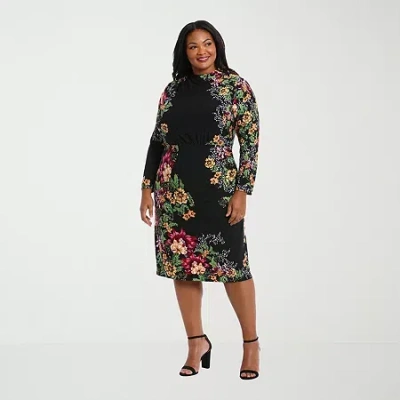 London Style Womens Plus Long Sleeve Floral Sheath Dress In Black