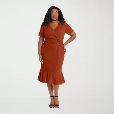 London Style Womens Plus Short Sleeve Midi Sheath Dress In Brown