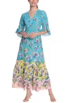 London Times 3/4 Sleeve Floral Print Maxi Dress In Aqua Yellow In Multi