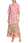 London Times 3/4 Sleeve Floral Print Maxi Dress In Pink Green In Multi