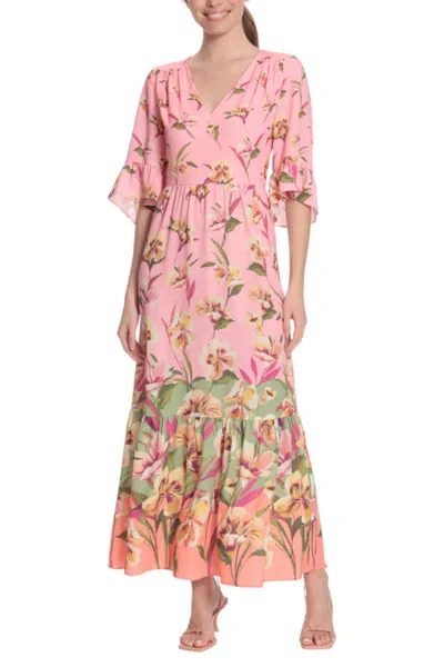 London Times 3/4 Sleeve Floral Print Maxi Dress In Pink Green In Multi